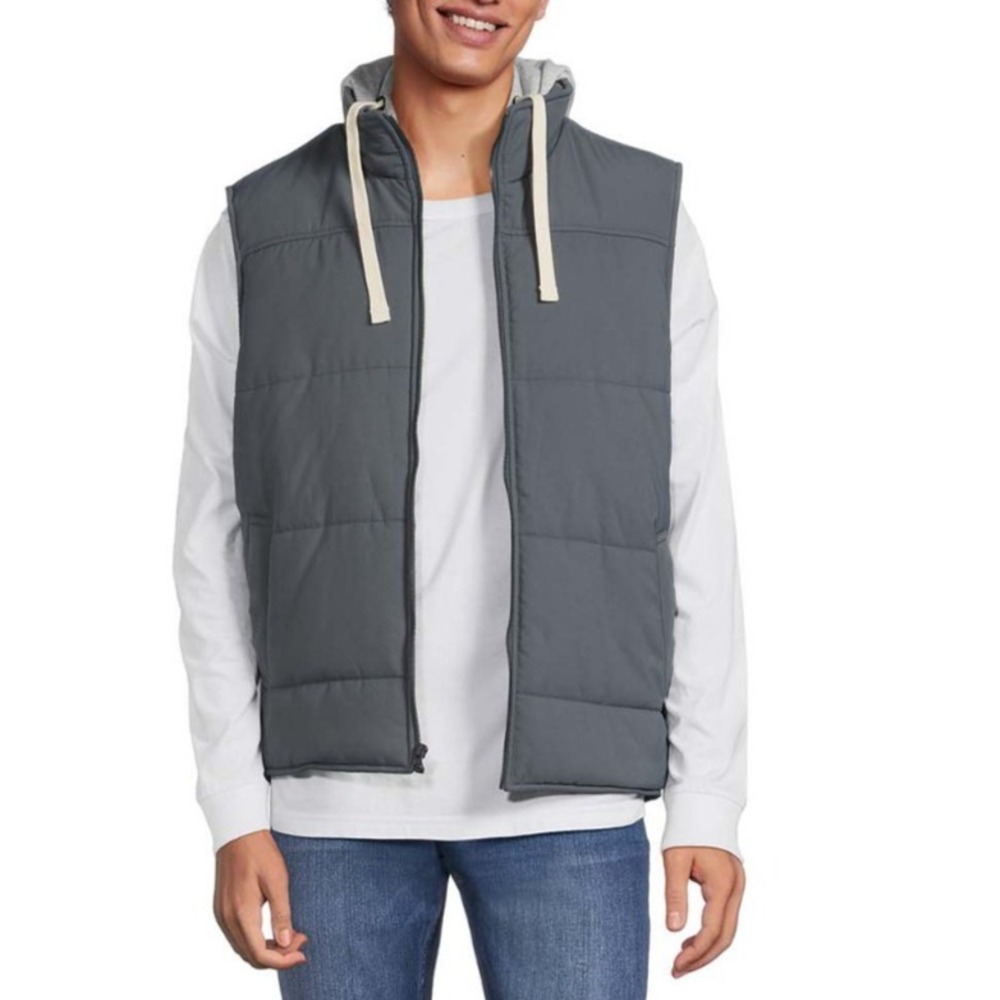 George Mens Puffer Vest Size M (38-40) Grey Hooded Full Zip Quilted Pockets